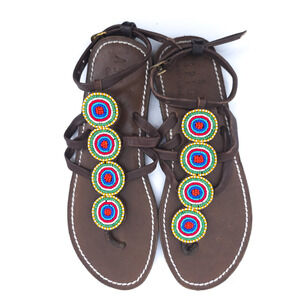 Aspiga Boho Art Luxe Gladiator Handcraft Glass Bead Medallion Leather Sandal 37